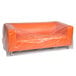 A clear plastic furniture bag covering an orange couch.