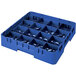 A navy blue plastic Cambro glass rack with many compartments.