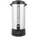 A stainless steel Proctor Silex coffee urn with a black lid.