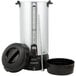 A silver and black Proctor Silex coffee urn with a lid.
