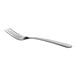 A close-up of a Delco Windsor III stainless steel dinner fork.