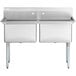 A Regency stainless steel sink with two bowls on galvanized steel legs.