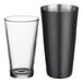 A clear mixing glass and black matte full size tin from the Acopa Boston Shaker Set.