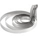 A 6-pack of stainless steel egg rings with a handle.