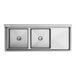 A Regency stainless steel two compartment sink with a right drainboard.