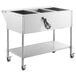 An Avantco stainless steel food cart with three compartments on a white background.