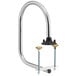 A silver faucet with a black handle.