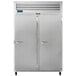 A Traulsen G Series reach-in refrigerator with two right hinged doors, one white and one silver.