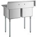 A Regency stainless steel two compartment sink on galvanized steel legs.