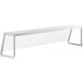 A white rectangular sneeze guard with a silver top.