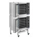 A double deck full size liquid propane digital convection oven with steam injection and casters.