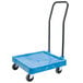 A blue Carlisle polypropylene rack dolly with black handles and wheels.