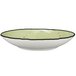 A white porcelain bowl with a black rim.
