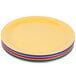 A stack of GET Diamond Mardi Gras melamine plates in assorted colors.