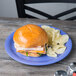 A blue GET Diamond Mardi Gras melamine plate with a sandwich and chips on it.