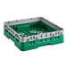 A green plastic Cambro Camrack base rack with closed sides and a handle.