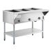 A stainless steel three pan open well electric steam table with adjustable undershelf.