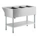 A stainless steel three-pan open well electric steam table with an adjustable undershelf.