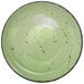 A white bowl with a green circle and black specks inside.