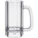 A clear plastic beer mug with a handle.