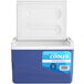 A blue Choice cooler with a lid open.