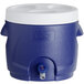 A blue and white Choice insulated beverage dispenser with a lid.