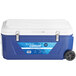 A blue and white Choice cooler with wheels and tow handle.
