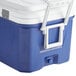 A blue and white Choice cooler with wheels and a tow handle.
