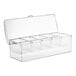 A clear plastic Tablecraft condiment bar with five compartments.