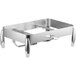 A silver rectangular Acopa Manchester chafer stand with two handles and legs.