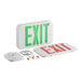 A white rectangular Lavex exit sign with green and red LED lights and holes.