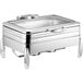 An Acopa stainless steel rectangular chafer with a glass lid on a stand.