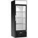 A black Beverage-Air glass door freezer.