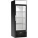 A black Beverage-Air market refrigerator with glass doors.