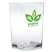 A clear Cambro square plastic shot glass with a logo on it.