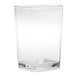 A clear plastic square shot glass with a square bottom.