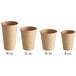 A row of brown Economy Kraft paper cold cups with measurements.