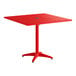 A square red powder-coated aluminum outdoor dining table with an umbrella hole and a four-legged base.
