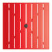 A square red powder-coated aluminum outdoor dining table with slatted top and an umbrella hole in the center.