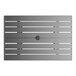 A rectangular gray powder-coated aluminum outdoor dining table with slatted design and an umbrella hole in the center.
