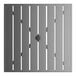 A square gray powder-coated aluminum outdoor dining table with slatted top and an umbrella hole in the center.