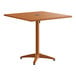 A square brown powder-coated aluminum outdoor dining table with an umbrella hole and a four-legged base.
