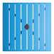 A blue powder-coated aluminum outdoor dining table with a square slatted top and an umbrella hole in the center.