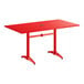A rectangular red powder-coated aluminum outdoor dining table with an umbrella hole in the center.
