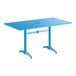 A rectangular blue powder-coated aluminum outdoor dining table with an umbrella hole in the center.