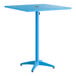 A blue powder-coated aluminum bar height outdoor table with a square top and umbrella hole.