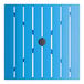 A square blue powder-coated aluminum outdoor bar height table with slatted design and an umbrella hole in the center.