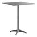 A gray powder-coated aluminum bar height outdoor table with a square top and umbrella hole.
