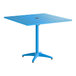 A blue square aluminum outdoor dining table with an umbrella hole in the center.