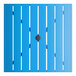 A blue powder-coated aluminum outdoor dining table with a 36-inch square top featuring slatted design and an umbrella hole in the center.